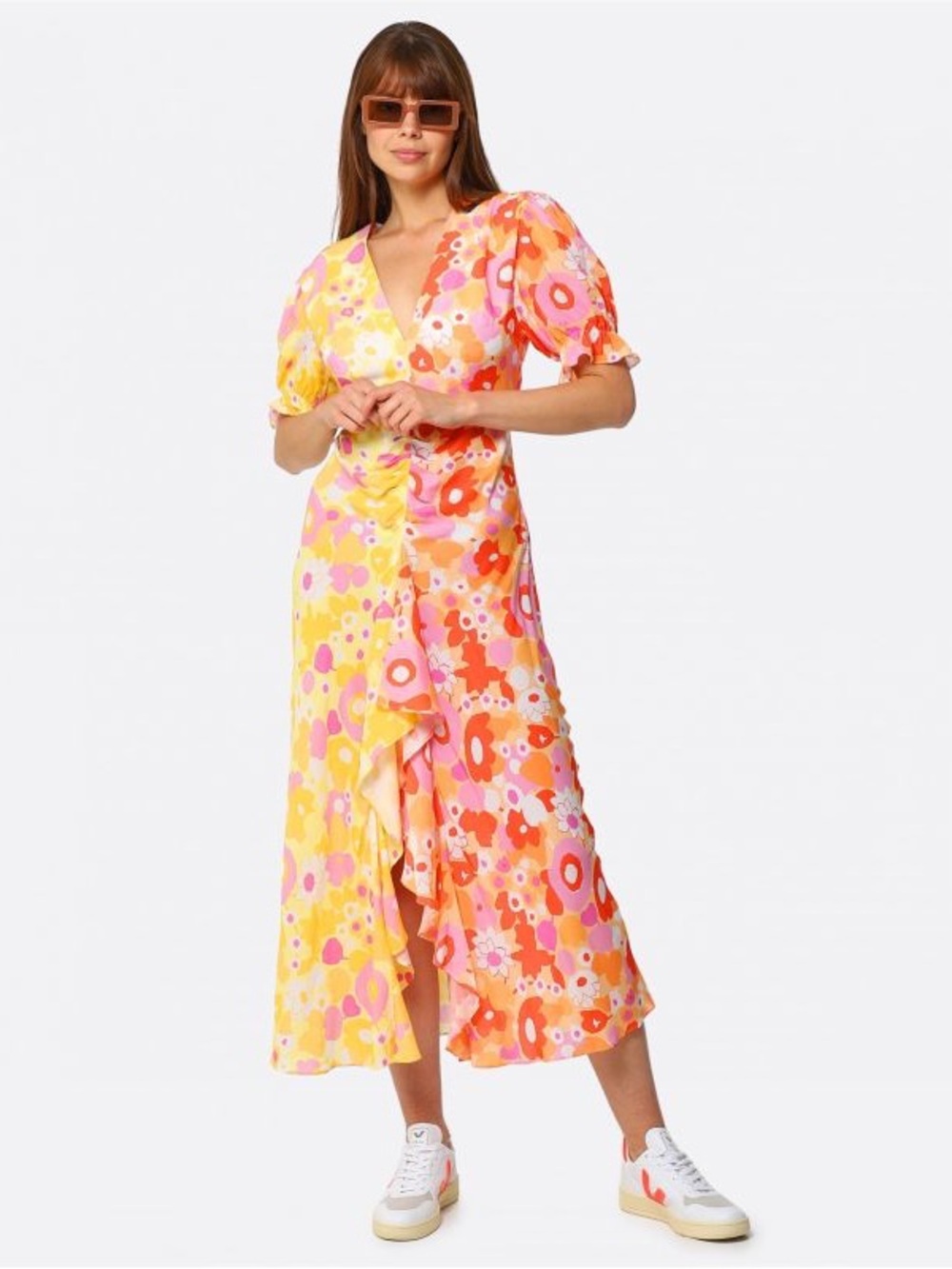 RIXO Ariel Colorblock Patterned Ruched Midi Dress W Cascading Ruffle, Sz L